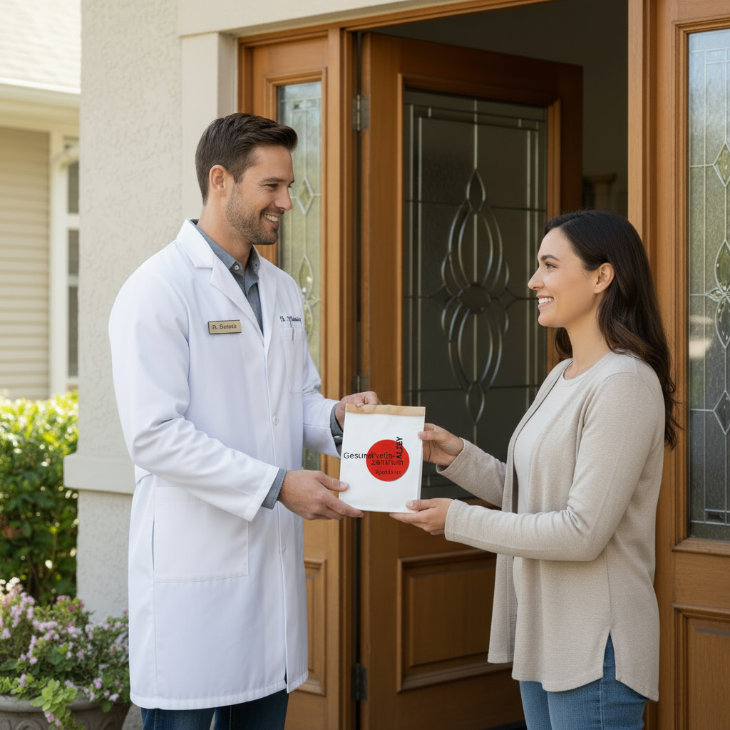 Humorvolle Illustration: Apotheker im weißen Kittel liefert persönlich Medikamente an die Haustür - symbolisch für unseren zuverlässigen Lieferservice